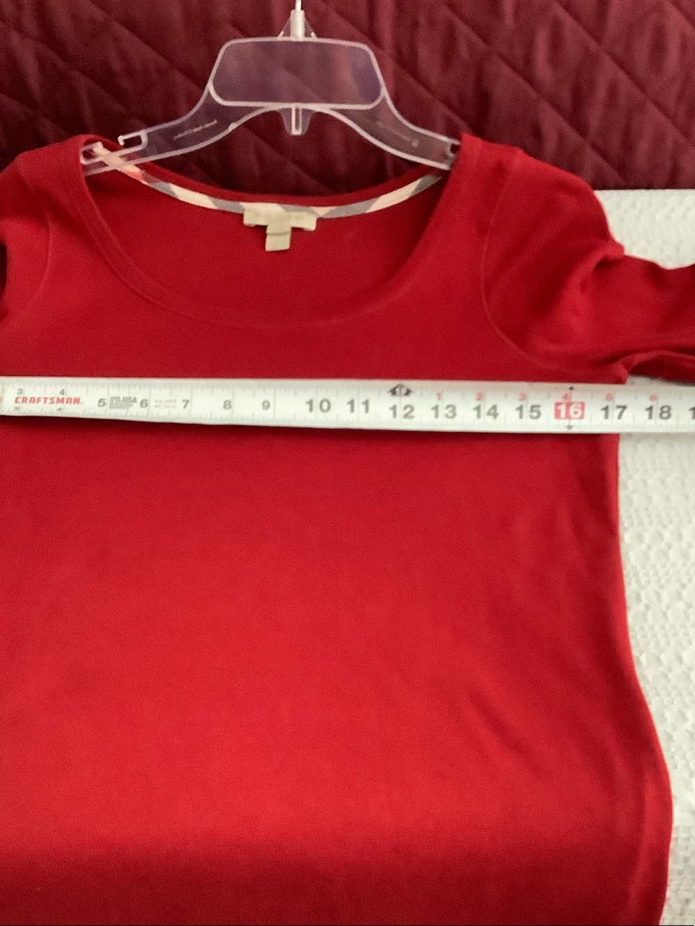 Burberry Red Long-Sleeve Scoop Neck Top with Plaid Trim - Picture 5 of 8